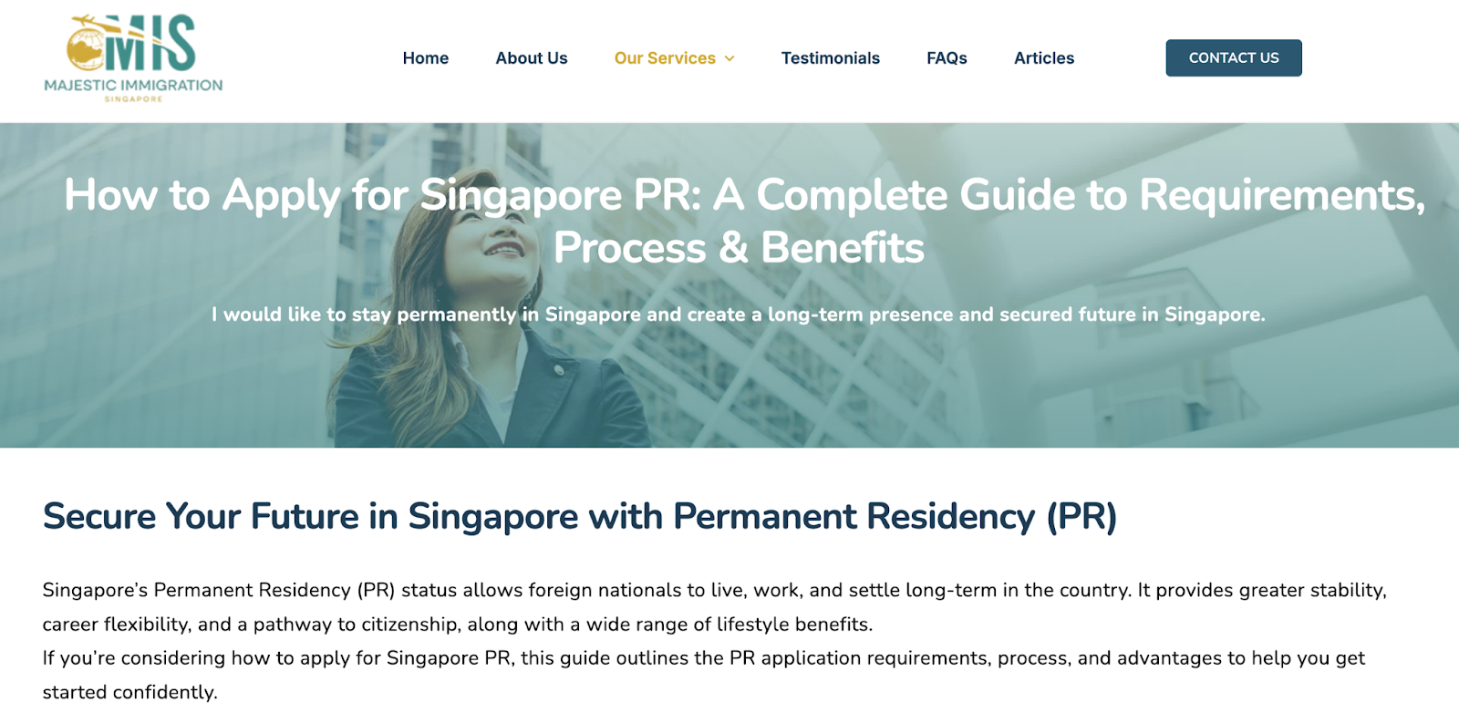 Immigration service desk visual promoting Singapore PR application support, with focus on tax relief benefits for PRs